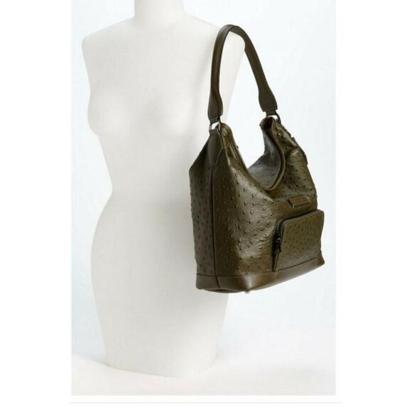 Longchamp Legende Hobo Brown Ostrich Embossed Bag Top Handle Carry Handbag - Picture 15 of 16
